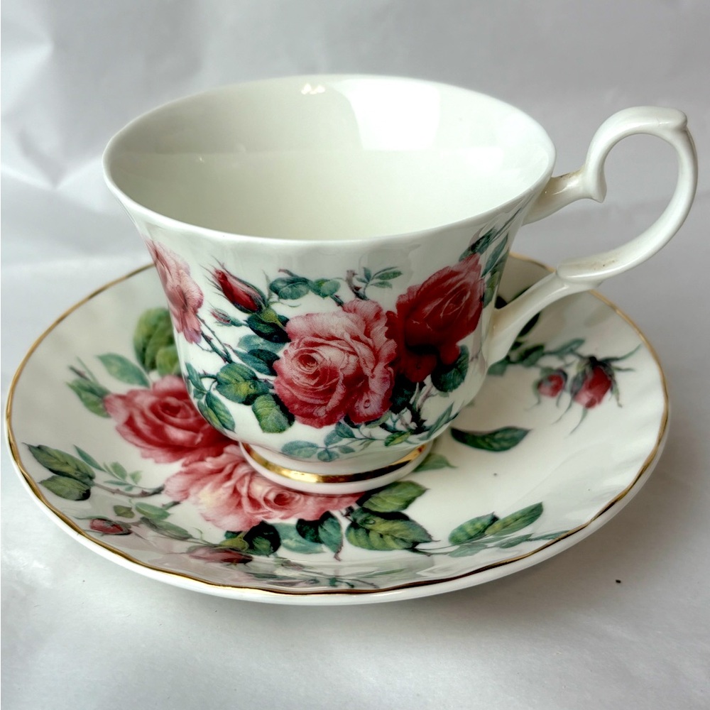 Antique Heirloom fine bone china made in England Rose tea saucer set Victorian